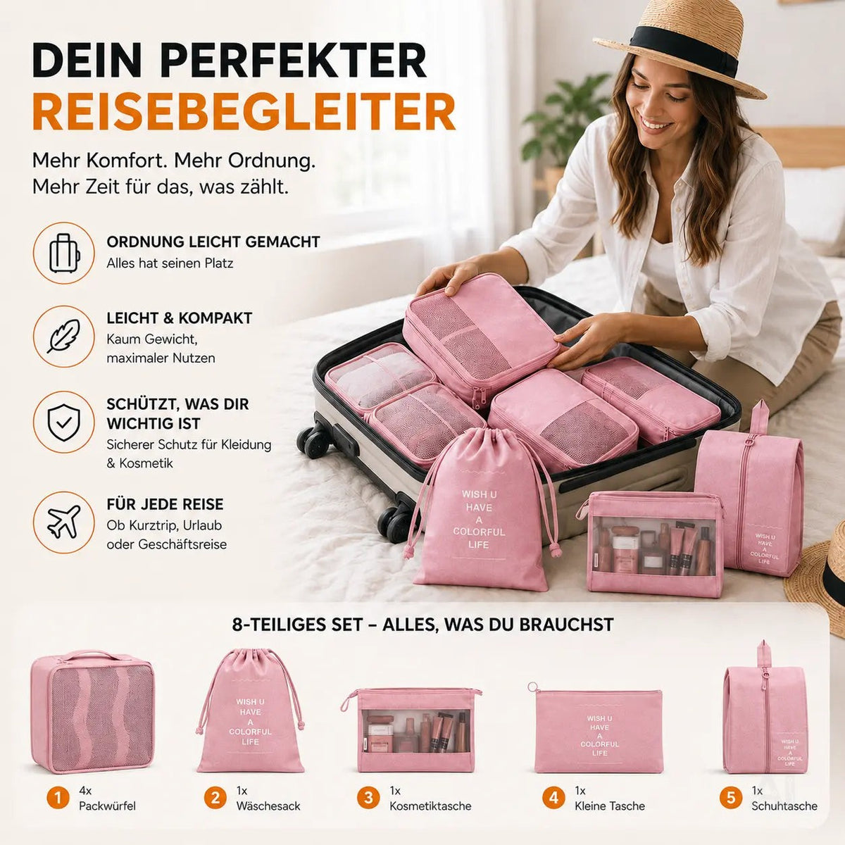 8er Set Kofferorganizer Packtaschen mit Kosmetiktasche - Packtaschen - Packing Cubes – Detailansicht 3