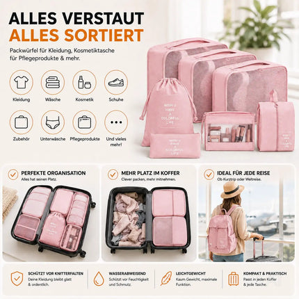8er Set Kofferorganizer Packtaschen mit Kosmetiktasche - Packtaschen - Packing Cubes - Reiseorganizer & Kleidertaschen für Reisen - Travel Bag (Pink)