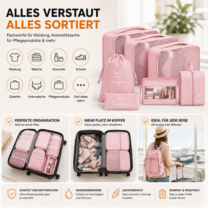 8er Set Kofferorganizer Packtaschen mit Kosmetiktasche - Packtaschen - Packing Cubes - Reiseorganizer & Kleidertaschen für Reisen - Travel Bag (Pink)