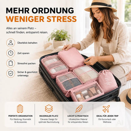 8er Set Kofferorganizer Packtaschen mit Kosmetiktasche - Packtaschen - Packing Cubes - Reiseorganizer & Kleidertaschen für Reisen - Travel Bag (Pink)