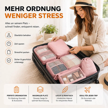 8er Set Kofferorganizer Packtaschen mit Kosmetiktasche - Packtaschen - Packing Cubes - Reiseorganizer & Kleidertaschen für Reisen - Travel Bag (Pink)