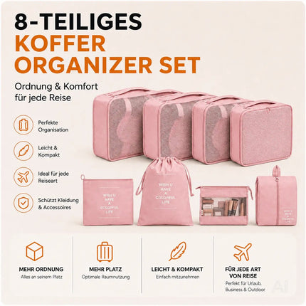 8er Set Kofferorganizer Packtaschen mit Kosmetiktasche - Packtaschen - Packing Cubes - Reiseorganizer & Kleidertaschen für Reisen - Travel Bag (Pink)