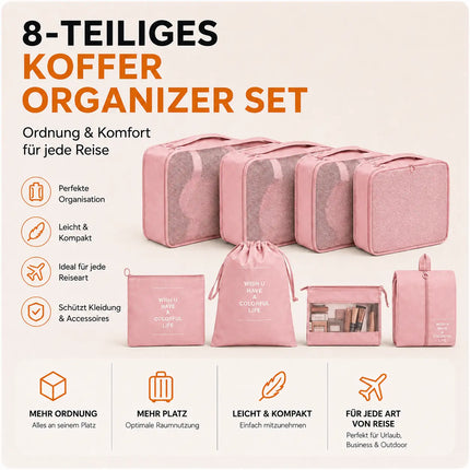 8er Set Kofferorganizer Packtaschen mit Kosmetiktasche - Packtaschen - Packing Cubes - Reiseorganizer & Kleidertaschen für Reisen - Travel Bag (Pink)