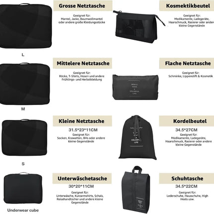 8er Set Kofferorganizer Packtaschen mit Kosmetiktasche - Packtaschen - Packing Cubes - Reiseorganizer & Kleidertaschen für Reisen - Travel Bag (Schwarz)