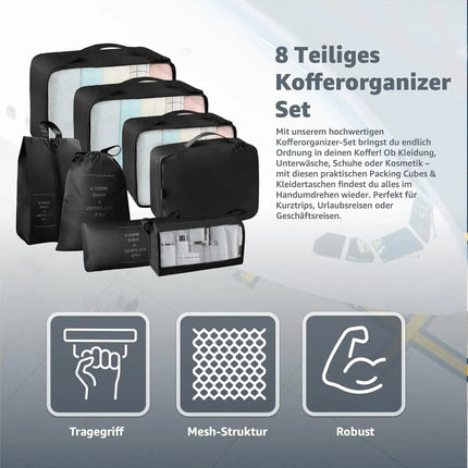 8er Set Kofferorganizer Packtaschen mit Kosmetiktasche - Packtaschen - Packing Cubes - Reiseorganizer & Kleidertaschen für Reisen - Travel Bag (Schwarz)