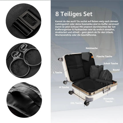 8er Set Kofferorganizer Packtaschen mit Kosmetiktasche - Packtaschen - Packing Cubes - Reiseorganizer & Kleidertaschen für Reisen - Travel Bag (Schwarz)