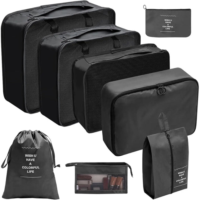 8er Set Kofferorganizer Packtaschen mit Kosmetiktasche - Packtaschen - Packing Cubes - Reiseorganizer & Kleidertaschen für Reisen - Travel Bag (Schwarz)