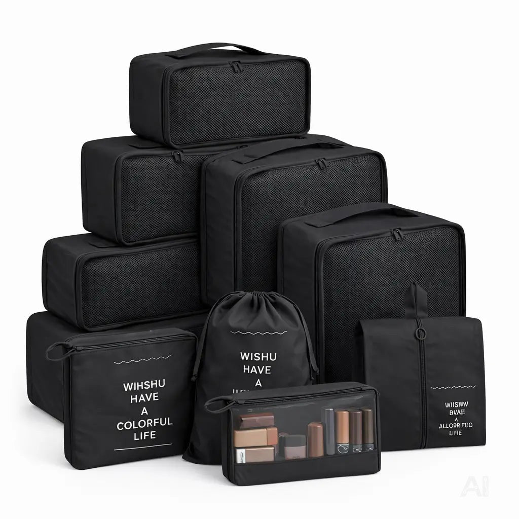 8er Set Kofferorganizer Packtaschen mit Kosmetiktasche - Packtaschen - Packing Cubes - Reiseorganizer & Kleidertaschen für Reisen - Travel Bag (Schwarz)