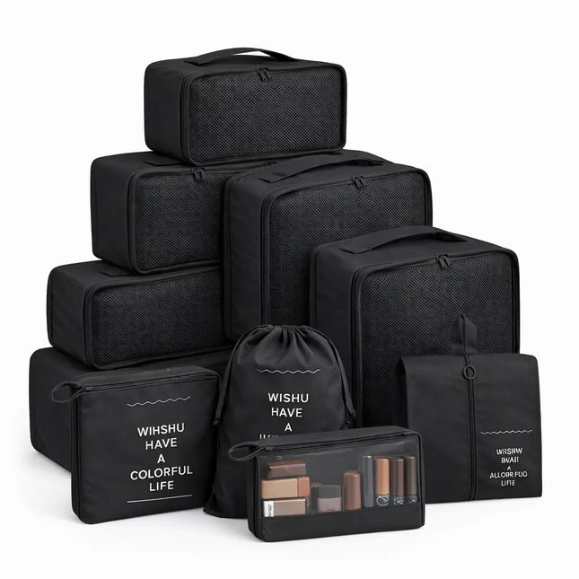 8er Set Kofferorganizer Packtaschen mit Kosmetiktasche - Packtaschen - Packing Cubes - Reiseorganizer & Kleidertaschen für Reisen - Travel Bag (Schwarz)
