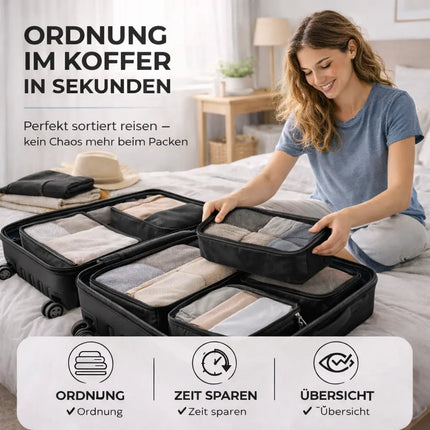 8er Set Kofferorganizer Packtaschen mit Kosmetiktasche - Packtaschen - Packing Cubes - Reiseorganizer & Kleidertaschen für Reisen - Travel Bag (Schwarz)