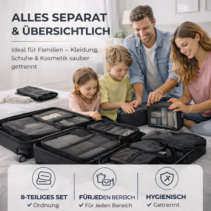 8er Set Kofferorganizer Packtaschen mit Kosmetiktasche - Packtaschen - Packing Cubes - Reiseorganizer & Kleidertaschen für Reisen - Travel Bag (Schwarz)