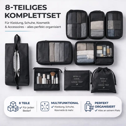 8er Set Kofferorganizer Packtaschen mit Kosmetiktasche - Packtaschen - Packing Cubes - Reiseorganizer & Kleidertaschen für Reisen - Travel Bag (Schwarz)
