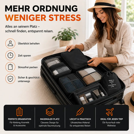 8er Set Kofferorganizer Packtaschen mit Kosmetiktasche - Packtaschen - Packing Cubes - Reiseorganizer & Kleidertaschen für Reisen - Travel Bag (Schwarz)