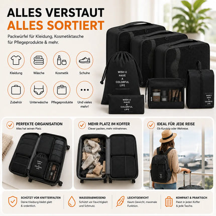 8er Set Kofferorganizer Packtaschen mit Kosmetiktasche - Packtaschen - Packing Cubes - Reiseorganizer & Kleidertaschen für Reisen - Travel Bag (Schwarz)