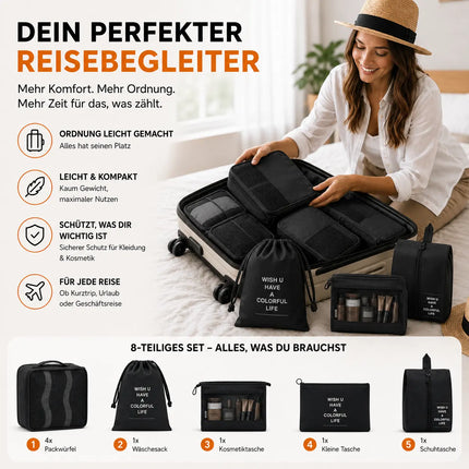 8er Set Kofferorganizer Packtaschen mit Kosmetiktasche - Packtaschen - Packing Cubes - Reiseorganizer & Kleidertaschen für Reisen - Travel Bag (Schwarz)