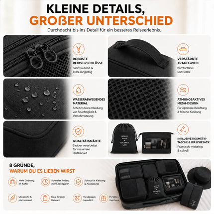 8er Set Kofferorganizer Packtaschen mit Kosmetiktasche - Packtaschen - Packing Cubes - Reiseorganizer & Kleidertaschen für Reisen - Travel Bag (Schwarz)