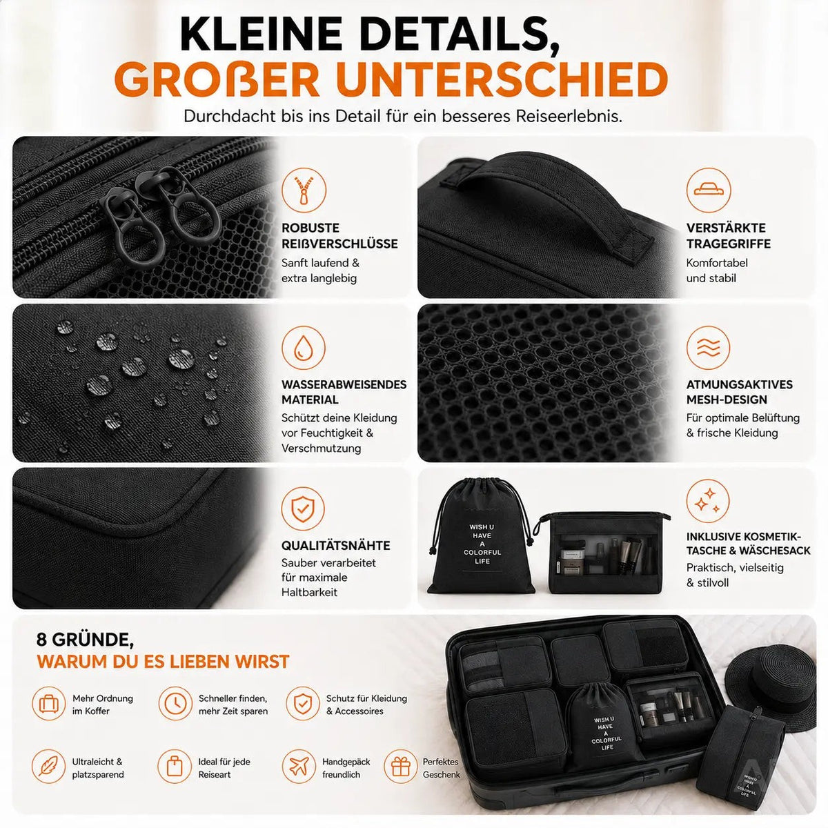 8er Set Kofferorganizer Packtaschen mit Kosmetiktasche - Packtaschen - Packing Cubes – Detailansicht 6