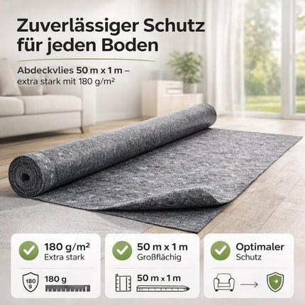 Abdeckvlies Malervlies 50m x 1m 180g/m² – Rutschfestes Schutzvlies für Boden, Möbel & Umzug – Reißfestes Allzweckvlies für Renovierung & Malerarbeiten