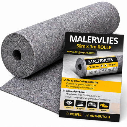 Abdeckvlies Malervlies 50m x 1m 180g/m² – Rutschfestes Schutzvlies für Boden, Möbel & Umzug – Reißfestes Allzweckvlies für Renovierung & Malerarbeiten