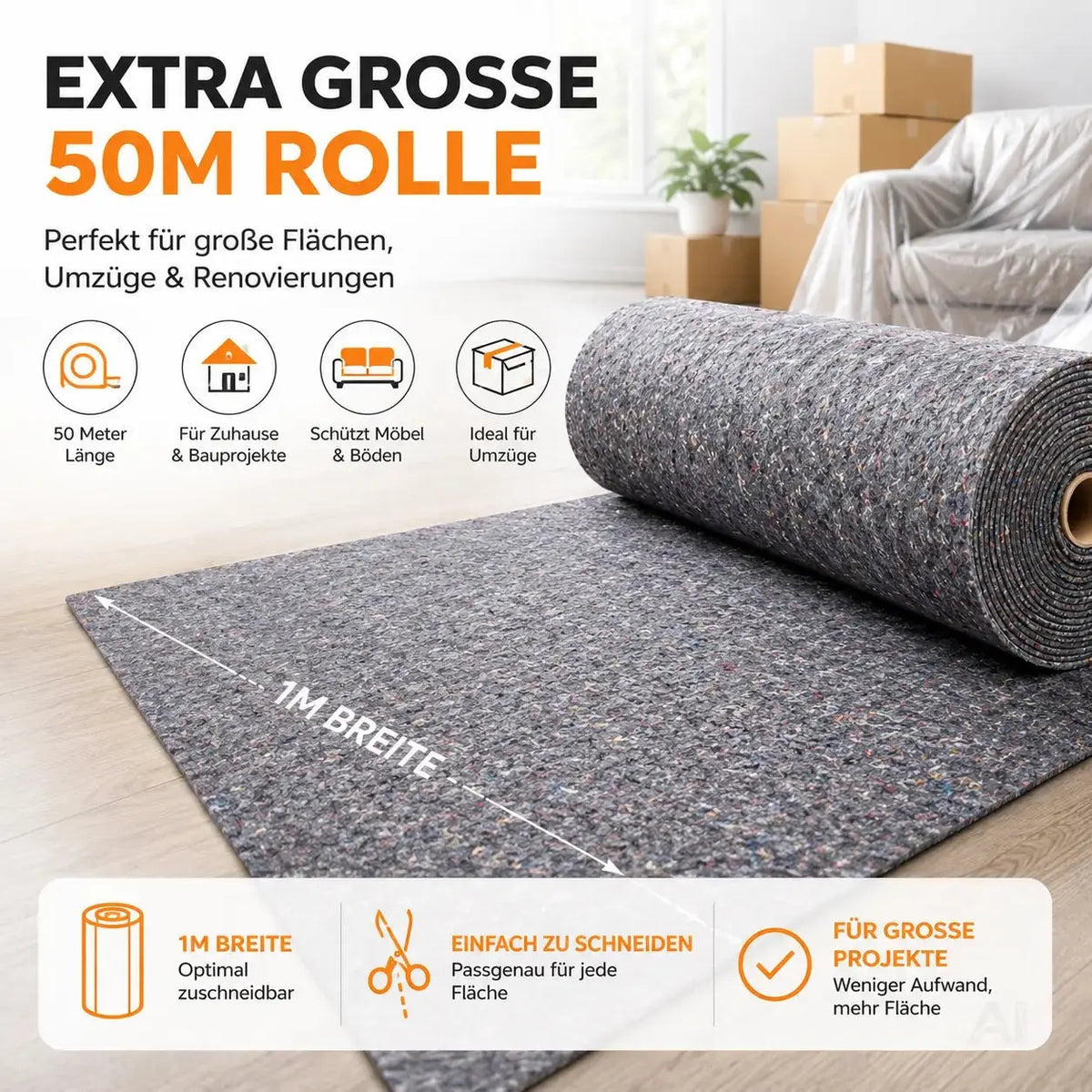 Abdeckvlies Malervlies 50m x 1m 180g/m² – Rutschfestes Schutzvlies für Boden, Möbel & Umzug – Detailansicht 3