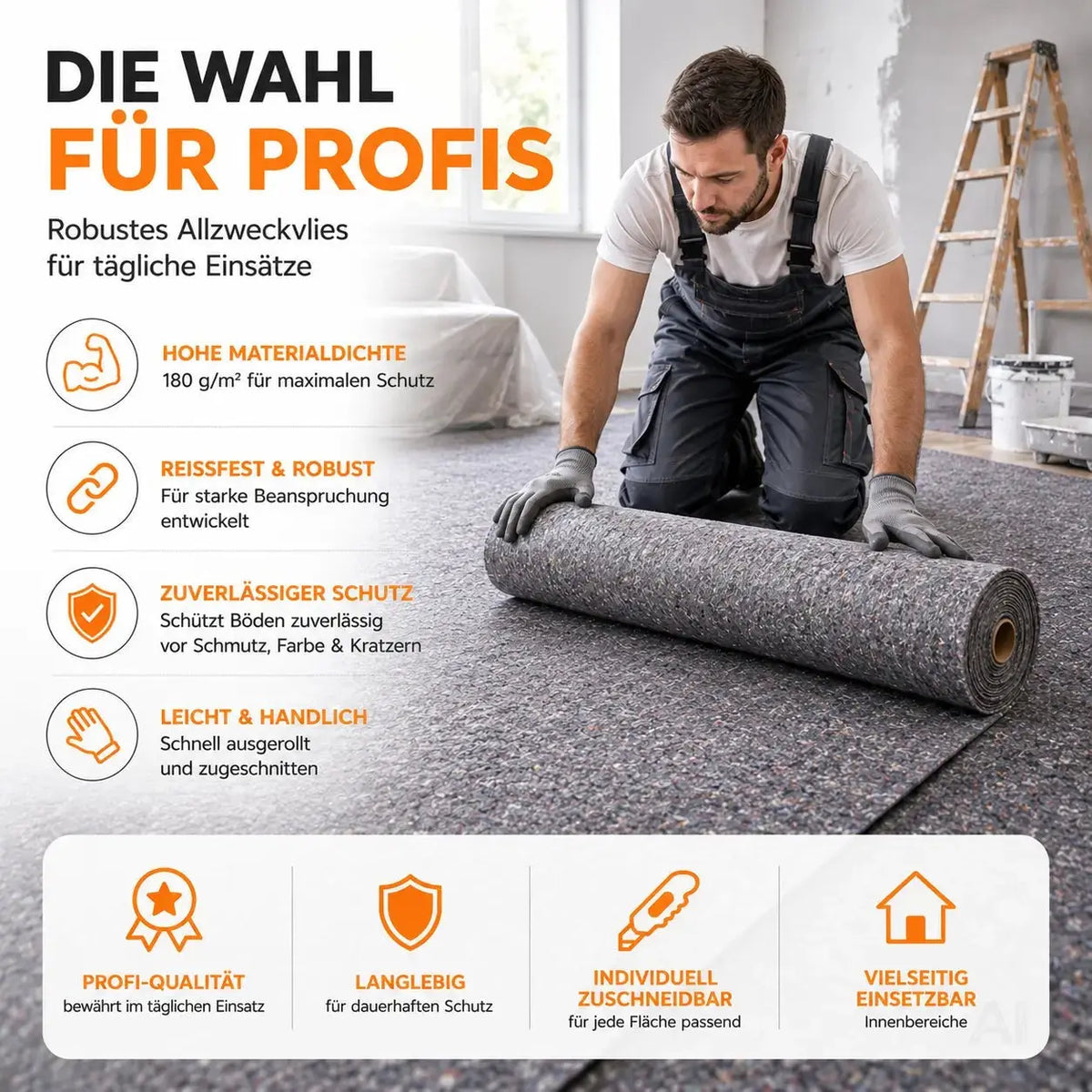 Abdeckvlies Malervlies 50m x 1m 180g/m² – Rutschfestes Schutzvlies für Boden, Möbel & Umzug – Detailansicht 6