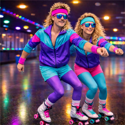 Accessoire Vokuhila Kostüme Retro-Neon-Stil – 3er Set Schweißband Set pink & Stirnband – 80er & 90er – Fasching und Karneval