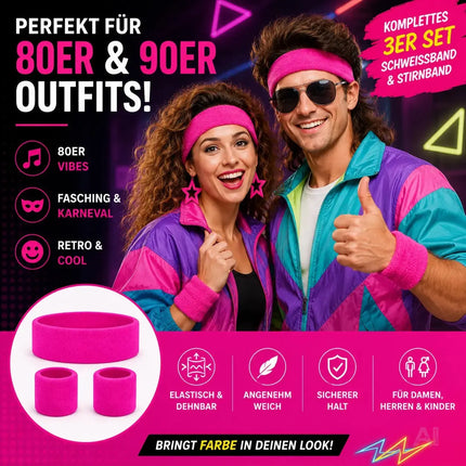 Accessoire für Fasching und Karneval – 3er Set Schweißband & Stirnband Set pink – Vokuhila-Outfits & Retro der 80er und 90er