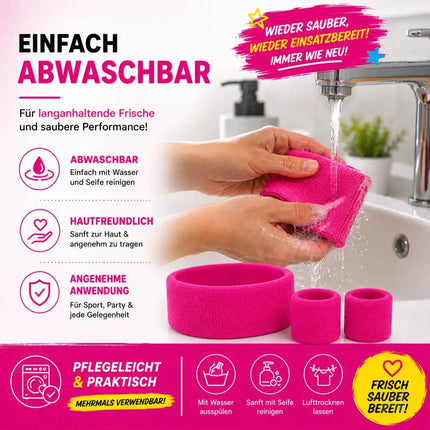 Accessoire für Fasching und Karneval – 3er Set Schweißband & Stirnband Set pink – Vokuhila-Outfits & Retro der 80er und 90er