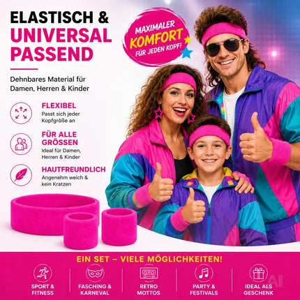 Accessoire für Fasching und Karneval – 3er Set Schweißband & Stirnband Set pink – Vokuhila-Outfits & Retro der 80er und 90er