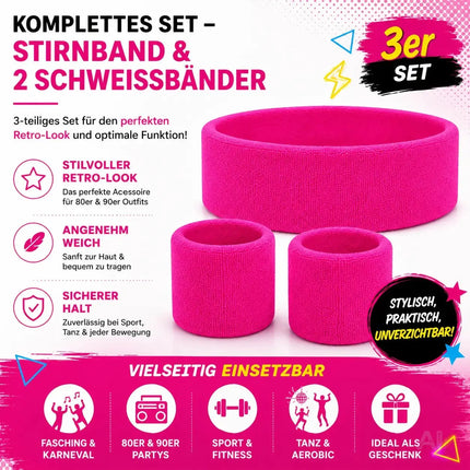 Accessoire für Fasching und Karneval – 3er Set Schweißband & Stirnband Set pink – Vokuhila-Outfits & Retro der 80er und 90er
