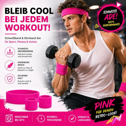 Accessoire für Fasching und Karneval – 3er Set Schweißband & Stirnband Set pink – Vokuhila-Outfits & Retro der 80er und 90er