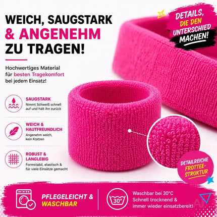 Accessoire für Fasching und Karneval – 3er Set Schweißband & Stirnband Set pink – Vokuhila-Outfits & Retro der 80er und 90er