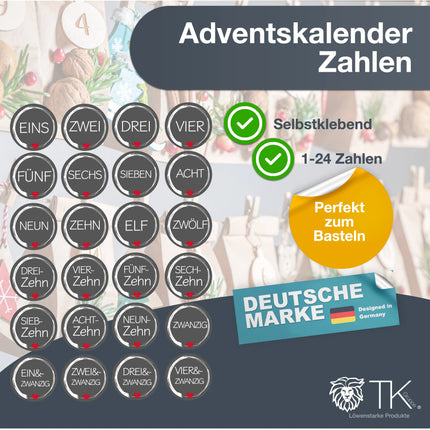 Adventskalender Aufkleber Etiketten Sticker Zahlen Buttons 1-24 Ed. 1