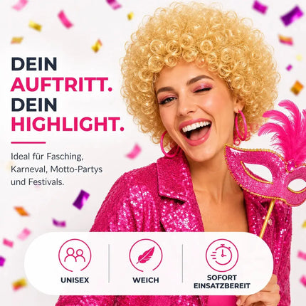 Afro Lockenkopf Perücke Wig (Blonde) – Vokuhila Kostüm zu Retro neon 80er 90er Outfit – für Fasching & Karneval