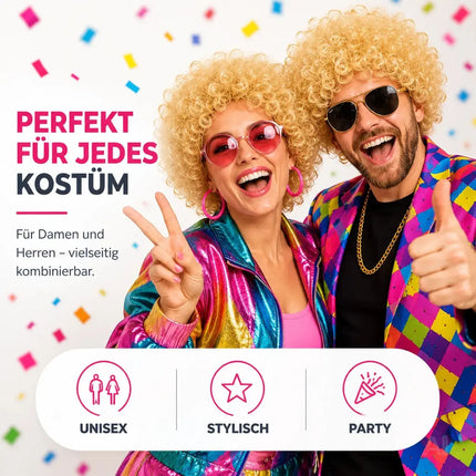 Afro Lockenkopf Perücke Wig (Blonde) – Vokuhila Kostüm zu Retro neon 80er 90er Outfit – für Fasching & Karneval