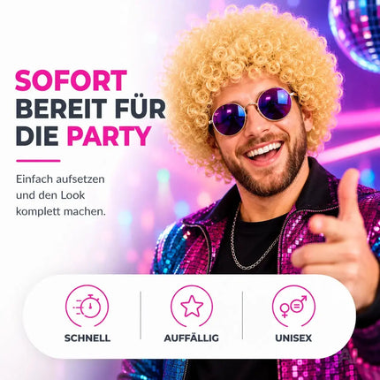 Afro Lockenkopf Perücke Wig (Blonde) – Vokuhila Kostüm zu Retro neon 80er 90er Outfit – für Fasching & Karneval