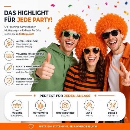 Afro Lockenkopf Perücke Wig (Orange) – Vokuhila Kostüm zu Retro neon 80er 90er Outfit – für Fasching & Karneval