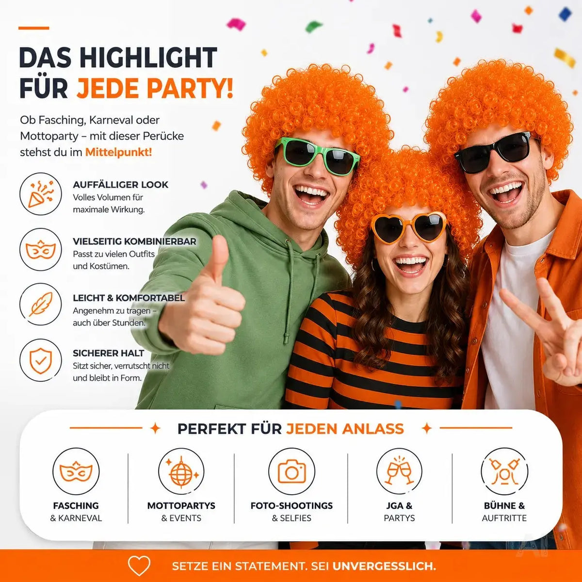 Afro Lockenkopf Perücke Wig (Orange) – Vokuhila Kostüm zu Retro neon 80er 90er Outfit – Detailansicht 2