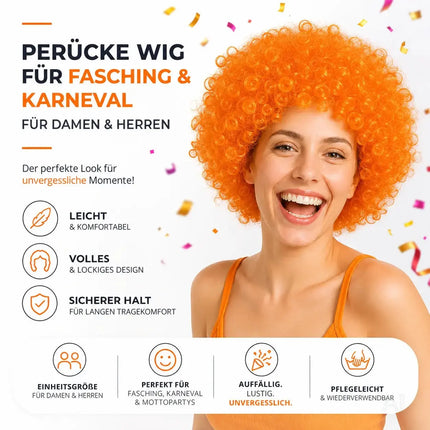Afro Lockenkopf Perücke Wig (Orange) – Vokuhila Kostüm zu Retro neon 80er 90er Outfit – für Fasching & Karneval