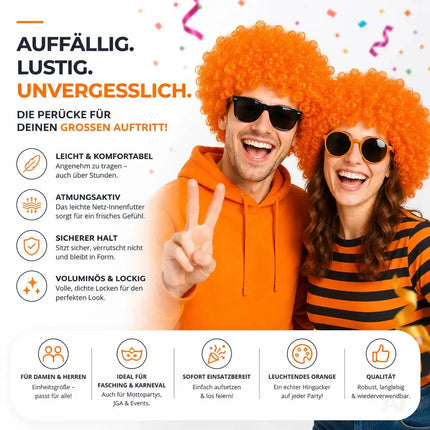 Afro Lockenkopf Perücke Wig (Orange) – Vokuhila Kostüm zu Retro neon 80er 90er Outfit – für Fasching & Karneval