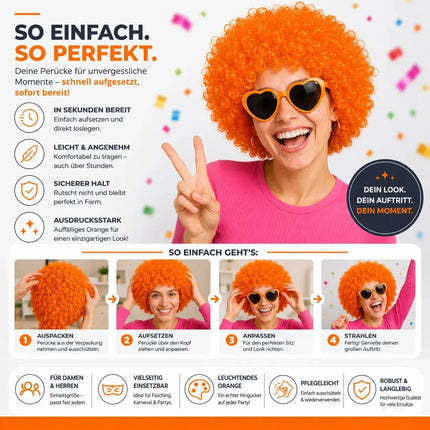 Afro Lockenkopf Perücke Wig (Orange) – Vokuhila Kostüm zu Retro neon 80er 90er Outfit – für Fasching & Karneval