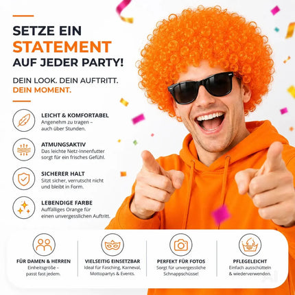 Afro Lockenkopf Perücke Wig (Orange) – Vokuhila Kostüm zu Retro neon 80er 90er Outfit – für Fasching & Karneval