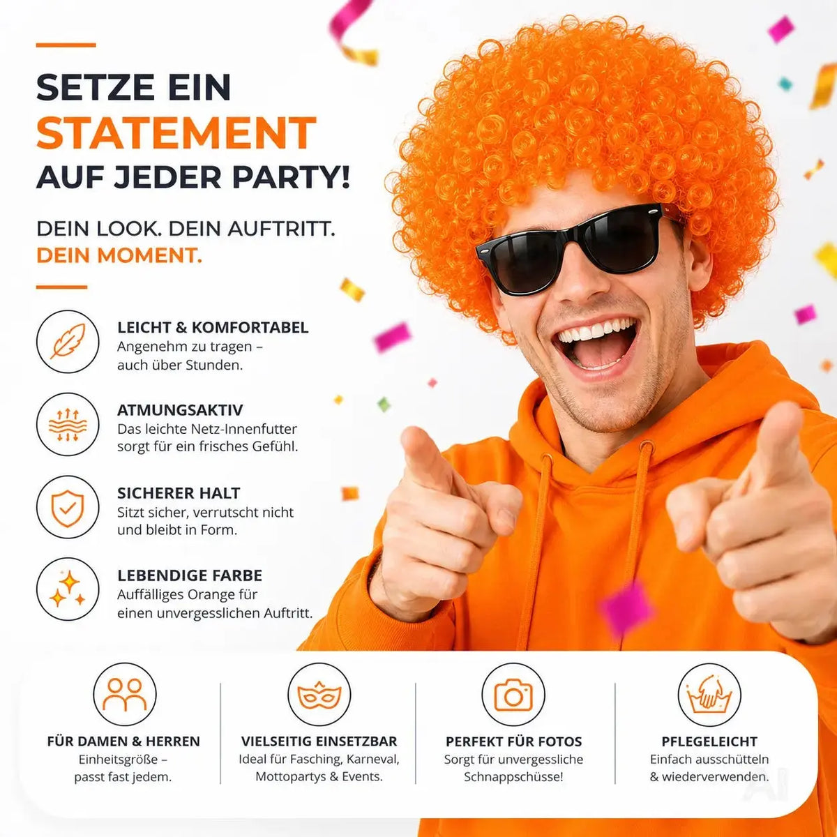 Afro Lockenkopf Perücke Wig (Orange) – Vokuhila Kostüm zu Retro neon 80er 90er Outfit – Detailansicht 6