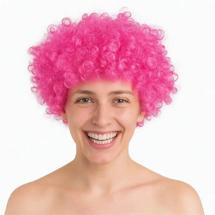 Afro Lockenkopf Perücke Wig (Pink) – Vokuhila Kostüm zu Retro neon 80er 90er Outfit