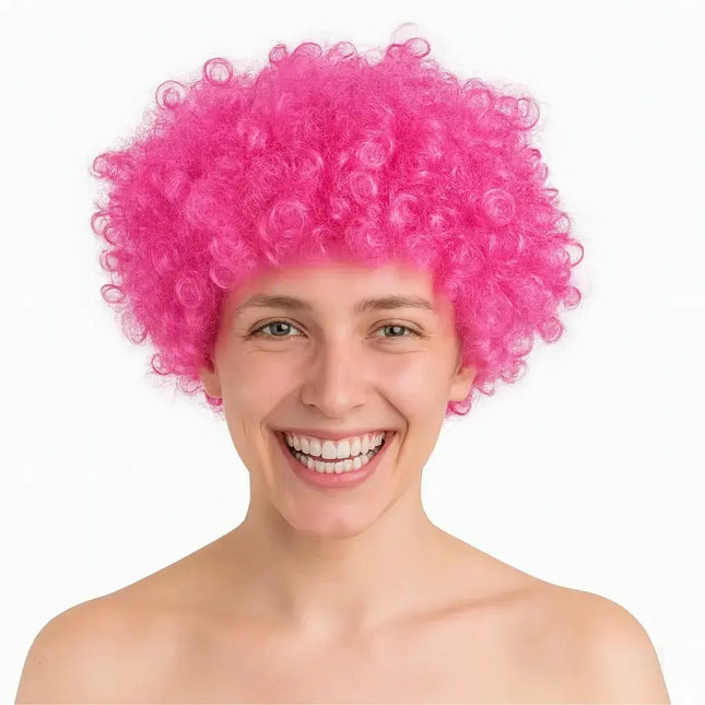 Afro Lockenkopf Perücke Wig (Pink) – Vokuhila Kostüm zu Retro neon 80er 90er Outfit