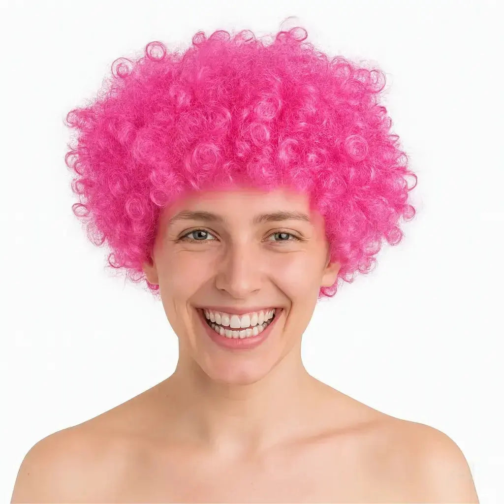 Afro Lockenkopf Perücke Wig (Pink) – Vokuhila Kostüm zu Retro neon 80er 90er Outfit – für Fasching & Karneval