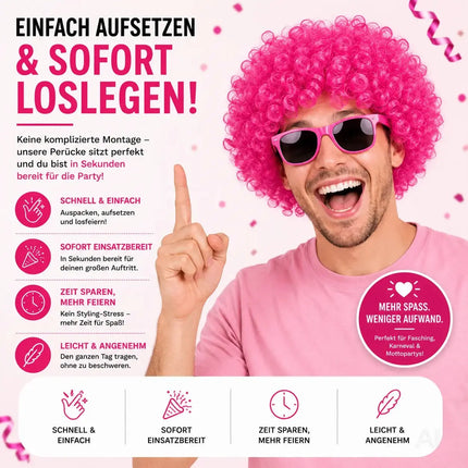 Afro Lockenkopf Perücke Wig (Pink) – Vokuhila Kostüm zu Retro neon 80er 90er Outfit – Detailansicht 2