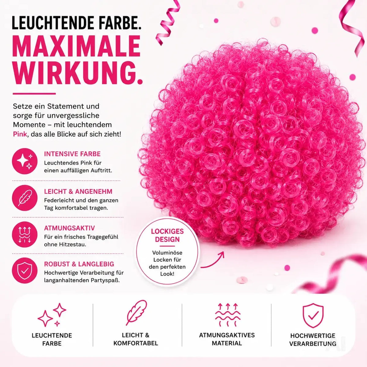 Afro Lockenkopf Perücke Wig (Pink) – Vokuhila Kostüm zu Retro neon 80er 90er Outfit – Detailansicht 3