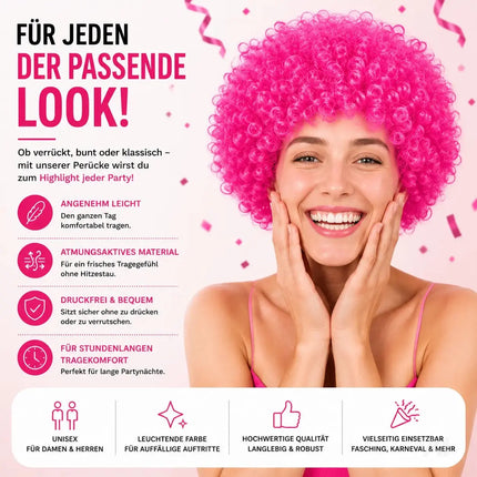 Afro Lockenkopf Perücke Wig (Pink) – Vokuhila Kostüm zu Retro neon 80er 90er Outfit – Detailansicht 4
