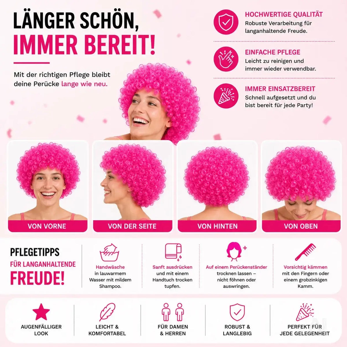 Afro Lockenkopf Perücke Wig (Pink) – Vokuhila Kostüm zu Retro neon 80er 90er Outfit – Detailansicht 6